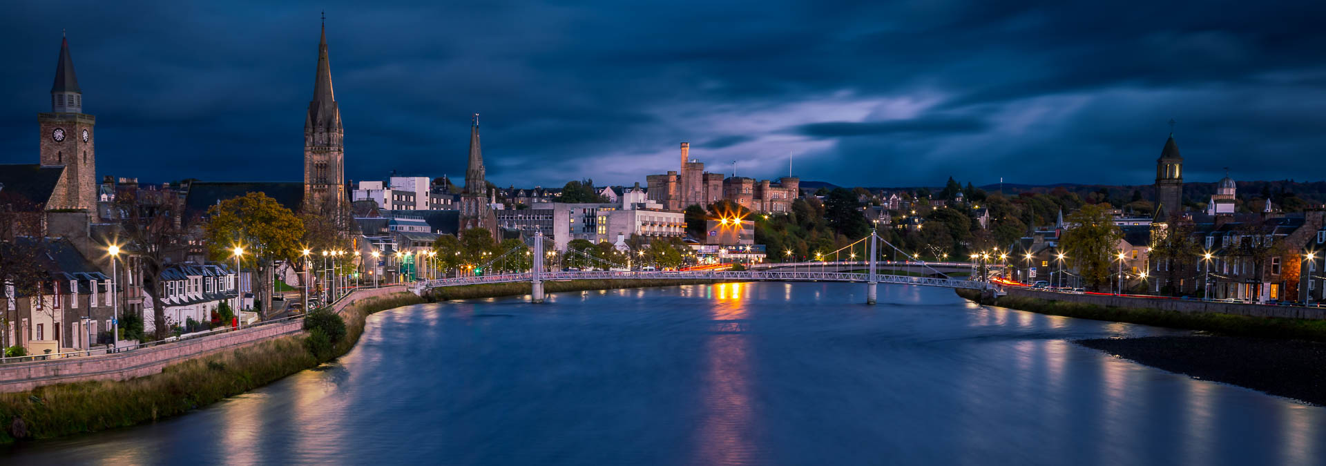 Scottish landscape photograph showing Inverness and the river ness at night